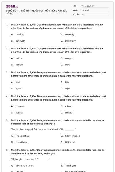 25 BỘ ĐỀ THI THỬ THPT QUỐC GIA - MÔN TIẾNG ANH (ĐỀ SỐ 23)