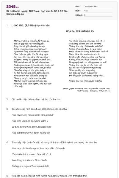 Đề thi thử tốt nghiệp THPT môn Ngữ Văn Sở GD & ĐT Bắc Giang có đáp án