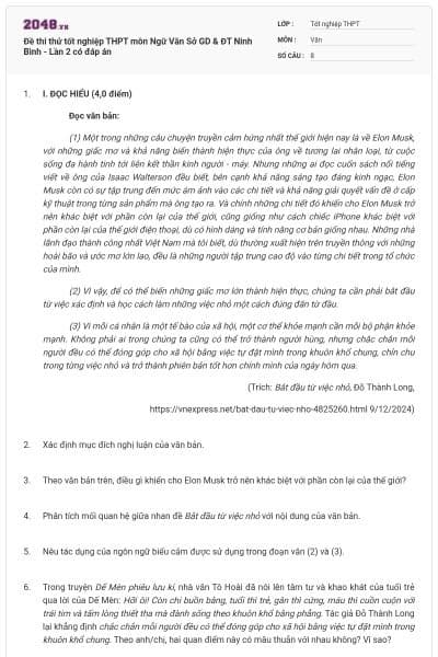 Đề thi thử tốt nghiệp THPT môn Ngữ Văn Sở GD & ĐT Ninh Bình - Lần 2 có đáp án