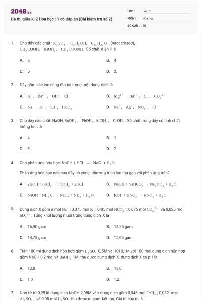 Đề thi giữa kì 2 Hóa học 11 có đáp án (Bài kiểm tra số 2)