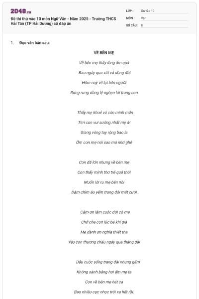Đề thi thử vào 10 môn Ngữ Văn - Năm 2025 - Trường THCS Hải Tân (TP Hải Dương) có đáp án