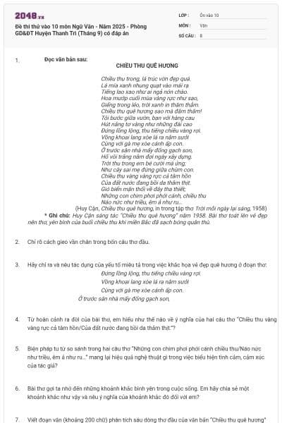 Đề thi thử vào 10 môn Ngữ Văn - Năm 2025 - Phòng GD&ĐT Huyện Thanh Trì (Tháng 9) có đáp án