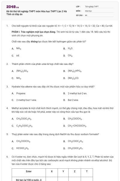 Đề thi thử tốt nghiệp THPT môn Hóa học THPT Lần 2 Hà Tĩnh có đáp án