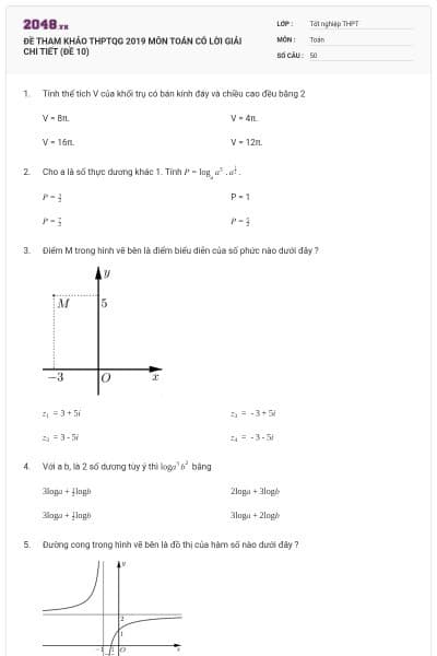 ĐỀ THAM KHẢO THPTQG 2019 MÔN TOÁN CÓ LỜI GIẢI CHI TIẾT (ĐỀ 10)