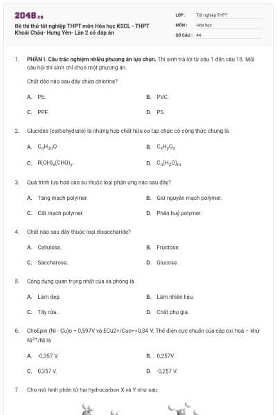 Đề thi thử tốt nghiệp THPT môn Hóa học KSCL - THPT Khoái Châu- Hưng Yên- Lần 2 có đáp án