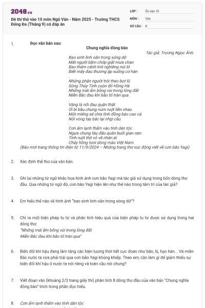 Đề thi thử vào 10 môn Ngữ Văn - Năm 2025 - Trường THCS Đống Đa (Tháng 9) có đáp án