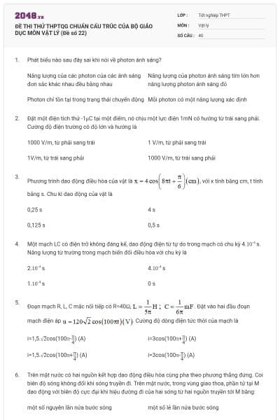 ĐỀ THI THỬ THPTQG CHUẨN CẤU TRÚC CỦA BỘ GIÁO DỤC MÔN VẬT LÝ (Đề số 22)