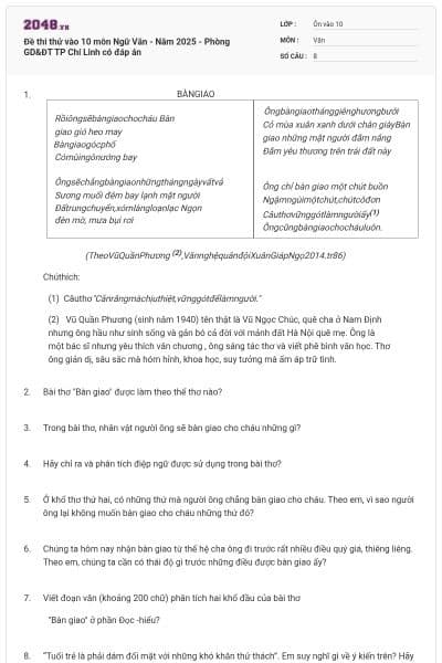Đề thi thử vào 10 môn Ngữ Văn - Năm 2025 - Phòng GD&ĐT TP Chí Linh có đáp án