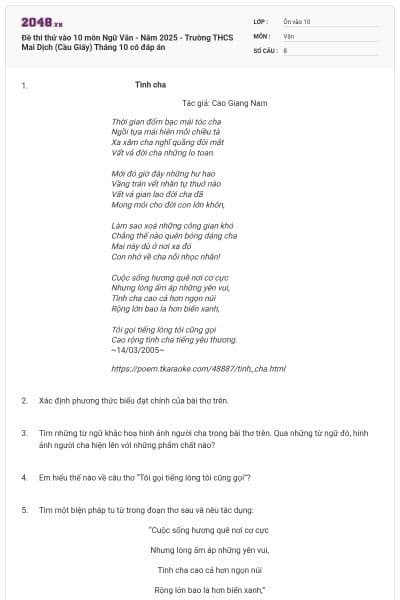 Đề thi thử vào 10 môn Ngữ Văn - Năm 2025 - Trường THCS Mai Dịch (Cầu Giấy) Tháng 10 có đáp án