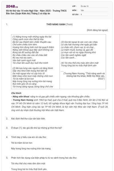 Đề thi thử vào 10 môn Ngữ Văn - Năm 2025 - Trường THCS Bắc Sơn (Quận Kiến An) Tháng 2 có đáp án