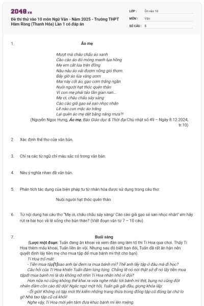 Đề thi thử vào 10 môn Ngữ Văn - Năm 2025 - Trường THPT Hàm Rồng (Thanh Hóa) Lần 1 có đáp án