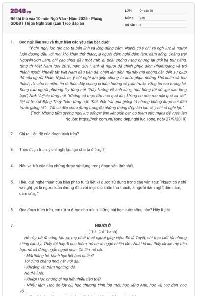 Đề thi thử vào 10 môn Ngữ Văn - Năm 2025 - Phòng GD&ĐT Thị xã Nghi Sơn (Lần 1) có đáp án