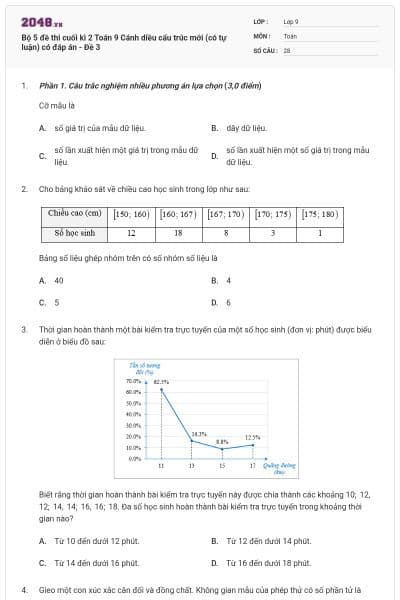 Bộ 5 đề thi cuối kì 2 Toán 9 Cánh diều cấu trúc mới (có tự luận) có đáp án - Đề 3