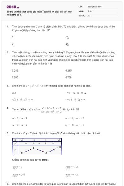 30 Đề thi thử thpt quốc gia môn Toán có lời giải chi tiết mới nhất (Đề số 8)