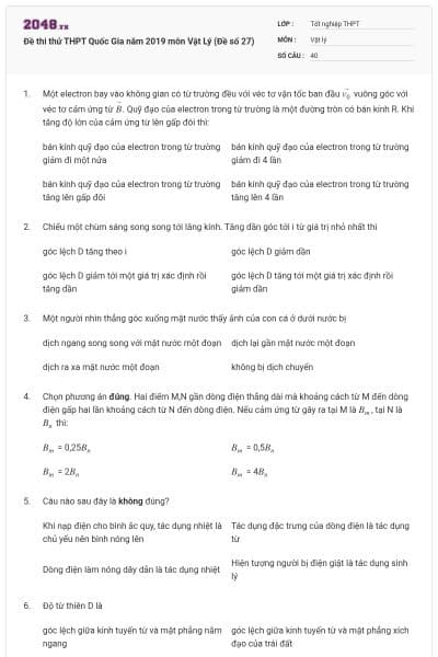 Đề thi thử THPT Quốc Gia năm 2019 môn Vật Lý (Đề số 27)