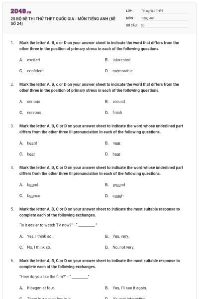 25 BỘ ĐỀ THI THỬ THPT QUỐC GIA - MÔN TIẾNG ANH (ĐỀ SỐ 24)