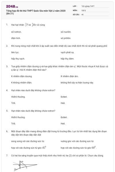 Tổng hợp đề thi thử THPT Quốc Gia môn Vật Lí năm 2020 (Đề 21)