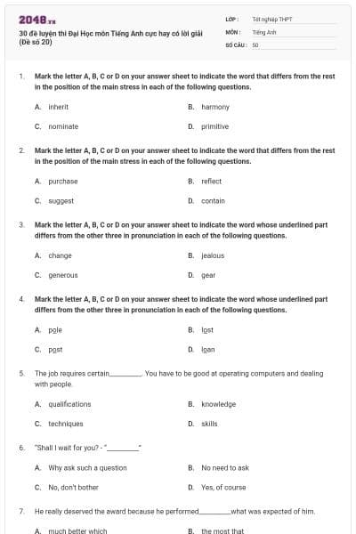 30 đề luyện thi Đại Học môn Tiếng Anh cực hay có lời giải (Đề số 20)