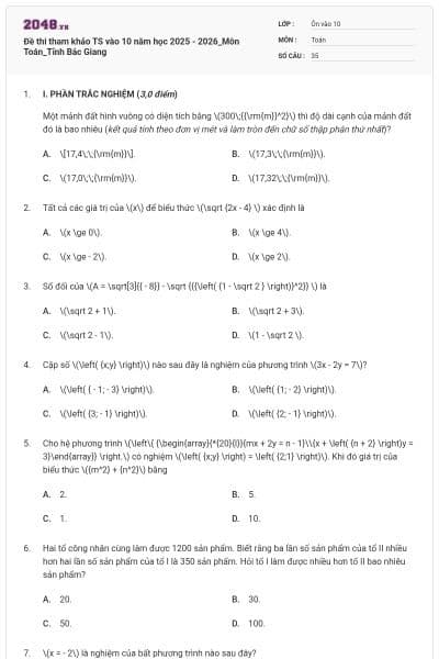 Đề thi tham khảo TS vào 10 năm học 2025 - 2026_Môn Toán_Tỉnh Bắc Giang
