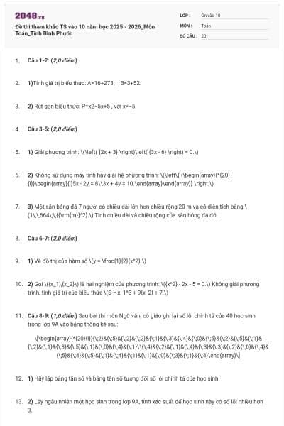 Đề thi tham khảo TS vào 10 năm học 2025 - 2026_Môn Toán_Tỉnh Bình Phước