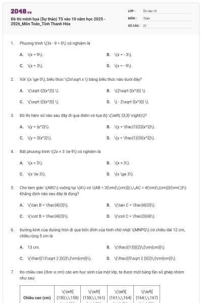 Đề thi minh họa (Dự thảo) TS vào 10 năm học 2025 - 2026_Môn Toán_Tỉnh Thanh Hóa