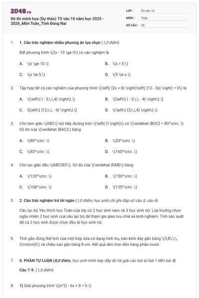 Đề thi minh họa (Dự thảo) TS vào 10 năm học 2025 - 2026_Môn Toán_Tỉnh Đồng Nai