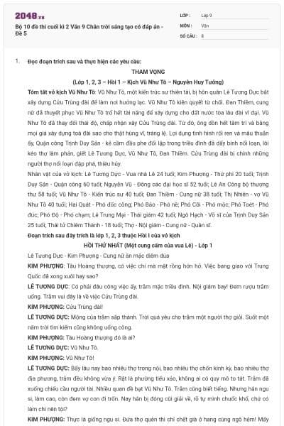 Bộ 10 đề thi cuối kì 2 Văn 9 Chân trời sáng tạo có đáp án - Đề 5