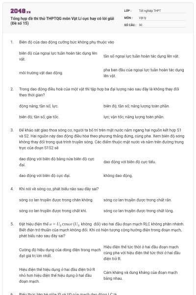 Tổng hợp đề thi thử THPTQG môn Vật Lí cực hay có lời giải (Đề số 15)