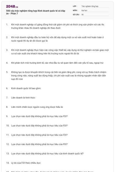 500 câu trắc nghiệm tổng hợp Kinh doanh quốc tế có đáp án - Phần 7