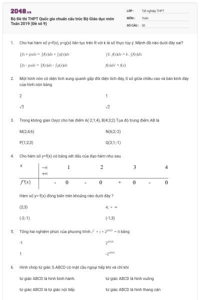 Bộ Đề thi THPT Quốc gia chuẩn cấu trúc Bộ Giáo dục môn Toán 2019 (Đề số 9)
