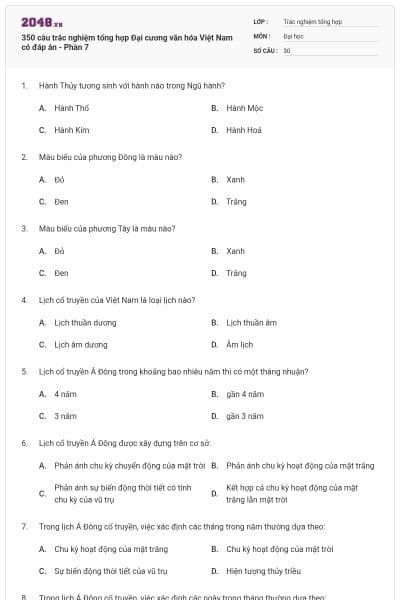 350 câu trắc nghiệm tổng hợp Đại cương văn hóa Việt Nam có đáp án - Phần 7
