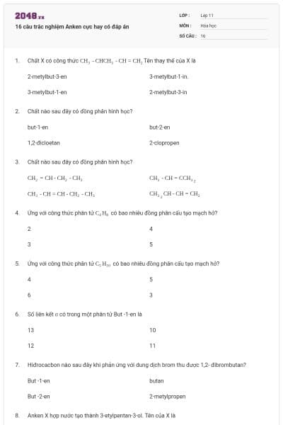 16 câu trắc nghiệm Anken cực hay có đáp án