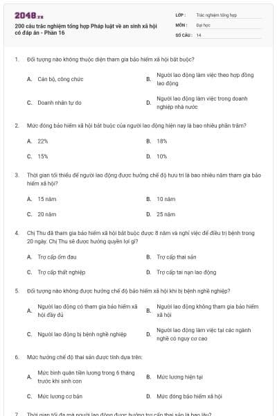 200 câu trắc nghiệm tổng hợp Pháp luật về an sinh xã hội có đáp án - Phần 16