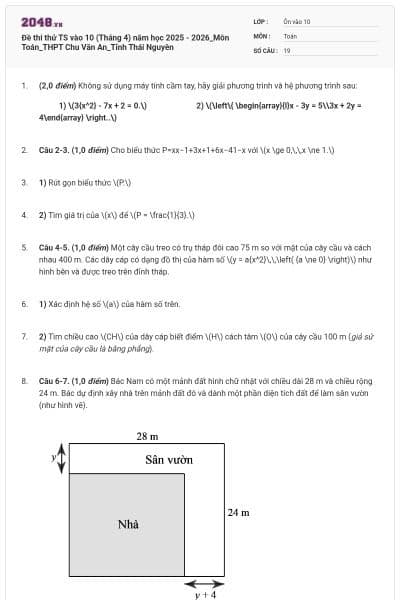 Đề thi thử TS vào 10 (Tháng 4) năm học 2025 - 2026_Môn Toán_THPT Chu Văn An_Tỉnh Thái Nguyên