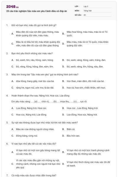 20 câu trắc nghiệm Sắc màu em yêu Cánh diều có đáp án