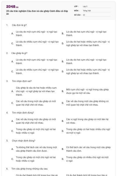 20 câu trắc nghiệm Câu đơn và câu ghép Cánh diều có đáp án