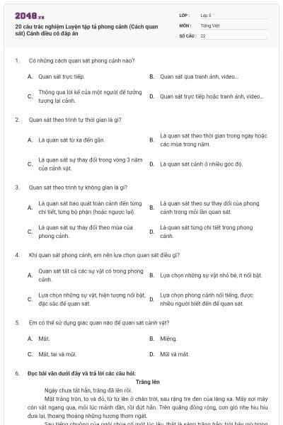 20 câu trắc nghiệm Luyện tập tả phong cảnh (Cách quan sát) Cánh diều có đáp án