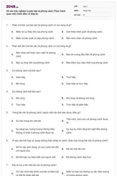 20 câu trắc nghiệm Luyện tập tả phong cảnh (Thực hành quan sát) Cánh diều có đáp án