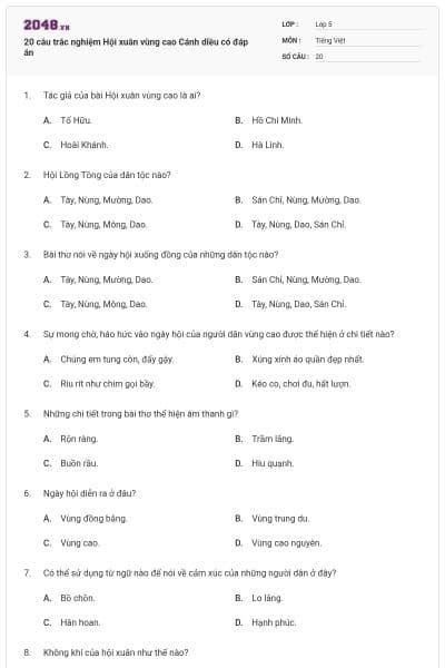 20 câu trắc nghiệm Hội xuân vùng cao Cánh diều có đáp án