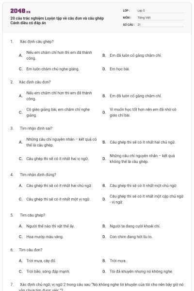 20 câu trắc nghiệm Luyện tập về câu đơn và câu ghép Cánh diều có đáp án