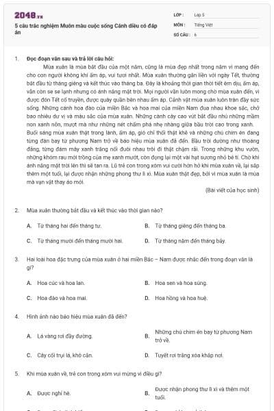 5 câu trắc nghiệm Muôn màu cuộc sống Cánh diều có đáp án