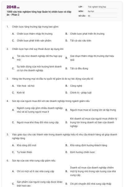 1000 câu trắc nghiệm tổng hợp Quản trị chiến lược có đáp án - Phần 2