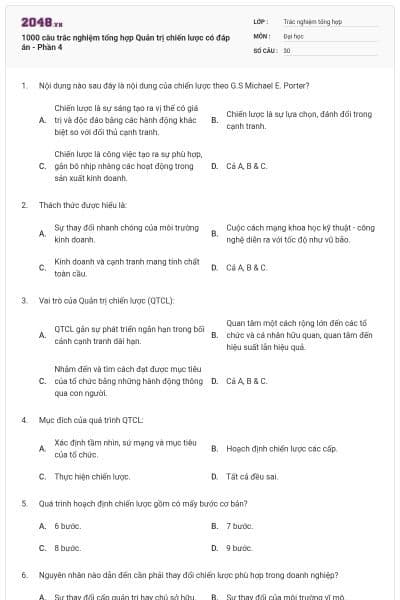 1000 câu trắc nghiệm tổng hợp Quản trị chiến lược có đáp án - Phần 4