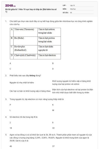 Đề thi giữa kì 1 Hóa 10 cực hay có đáp án (Bài kiểm tra số 1)