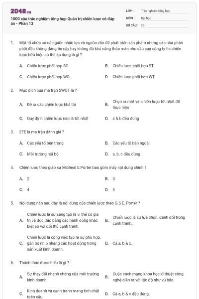 1000 câu trắc nghiệm tổng hợp Quản trị chiến lược có đáp án - Phần 13