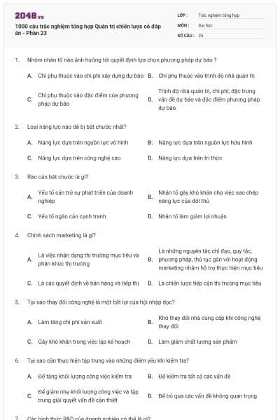 1000 câu trắc nghiệm tổng hợp Quản trị chiến lược có đáp án - Phần 23