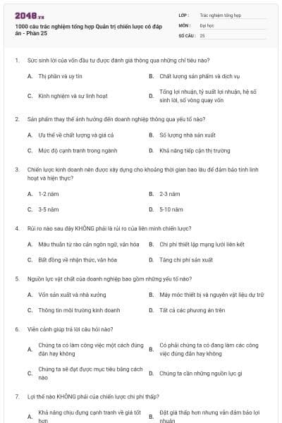 1000 câu trắc nghiệm tổng hợp Quản trị chiến lược có đáp án - Phần 25