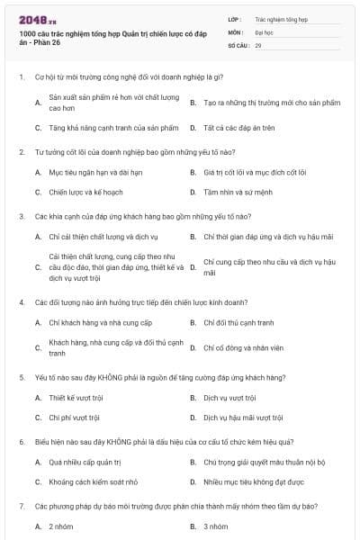 1000 câu trắc nghiệm tổng hợp Quản trị chiến lược có đáp án - Phần 26