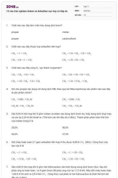 15 câu trắc nghiệm Anken và Ankađien cực hay có đáp án