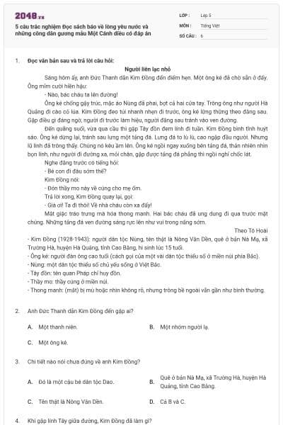 5 câu trắc nghiệm Đọc sách báo về lòng yêu nước và những công dân gương mẫu Một Cánh diều có đáp án